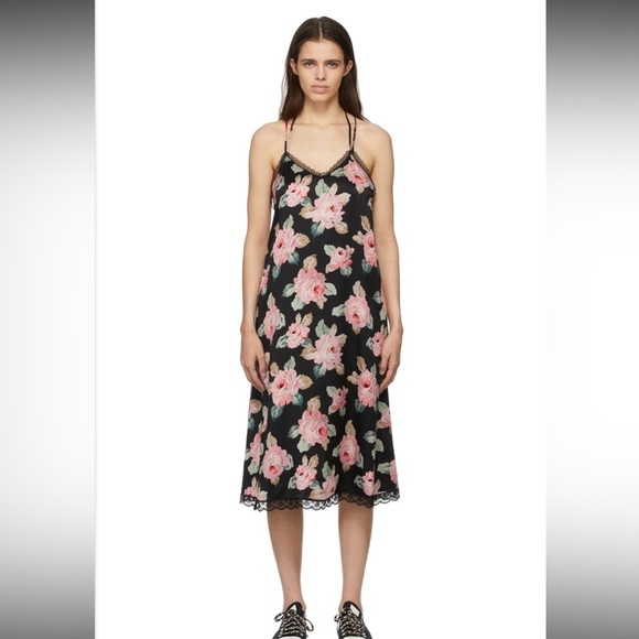 R13 Lace Slip Dress Silk Size Medium Black With Pink Floral Pattern Mid Length - Picture 1 of 11